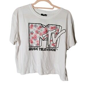 MTV Floral Logo Crop Top T-Shirt White Music Television Tee‎ Size XL/XG (15-17)